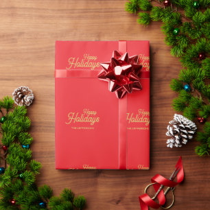 Papel De Presente Cores Vermelho Brilhante e Dourado Natal Feliz Fam