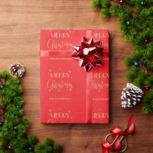Papel De Presente Cores Vermelho e Dourado Feliz Natal Nome da Famíl