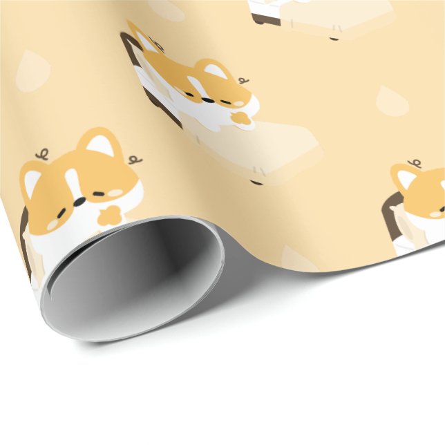 Papel De Presente Corgi Cansado Fofo (Ponta do rolo)