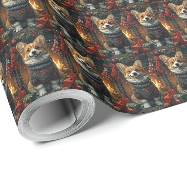 Papel De Presente Corgi com Presentes de Natal na Lareira (Ponta do rolo)