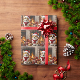 Papel De Presente Corgi de Natal ao lado da Lareira