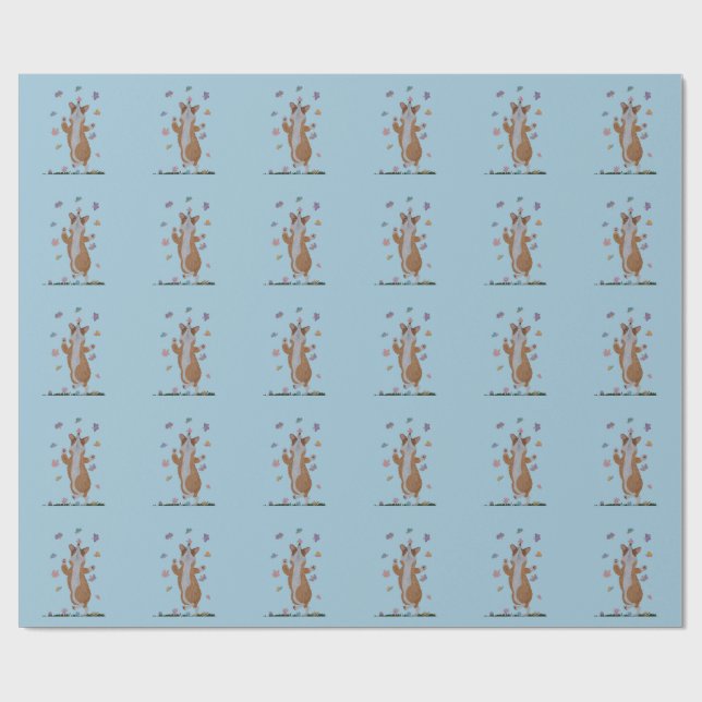 Papel De Presente Corgi Galês Dançando com Borboletas (Aberto)