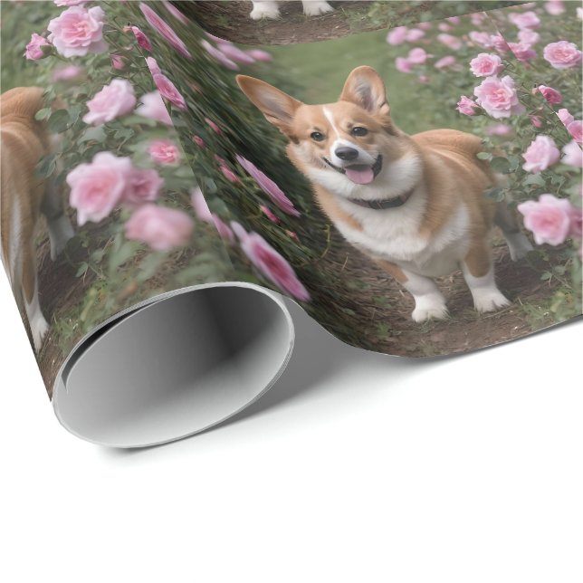 Papel De Presente Corgi Nas Rosas Rosa, (Ponta do rolo)