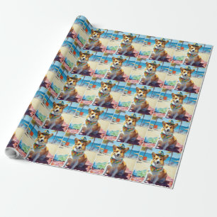 Papel De Presente Corgi on Beach, presente de verão para amantes de