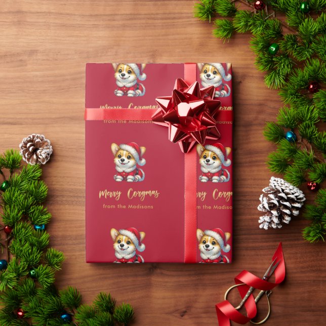 Papel De Presente Corgi Personalizado Adorável - Feliz de Córgmas (Presente de Natal)