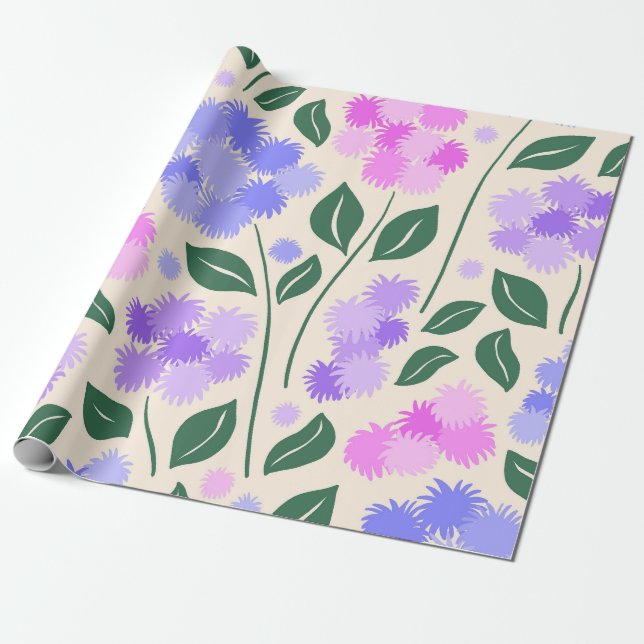 Papel De Presente Cornflower Botânico Roxo e Rosa (Desenrolado)
