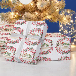 Papel De Presente Coroa de Bagas Vermelhas Alegre e Brilhante Flocos
