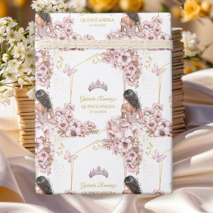 Papel De Presente Coroa de Borboleta Tiara Dourada Rosa Quinceañera