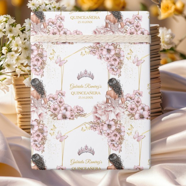Papel De Presente Coroa de Borboleta Tiara Dourada Rosa Quinceañera (Criador carregado)