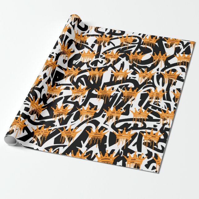 Papel De Presente Coroa de Grafite Tendência Padrão Laranja Preto  (Desenrolado)
