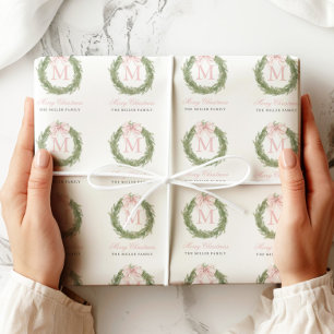 Papel De Presente Coroa de Natal com Monograma e Laço Rosa
