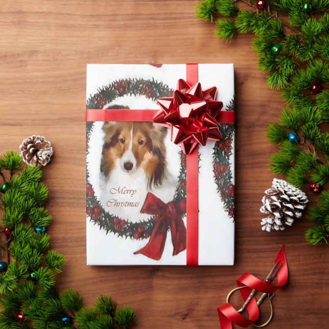 Papel De Presente Coroa de Natal de Shetland Sheepdog (Presente de Natal)