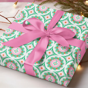 Papel De Presente Coroa de Natal Geométrica Rosa Verde Moderna