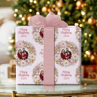 Papel De Presente Coroa de Natal Rosa e Dourada com Foto Personaliza