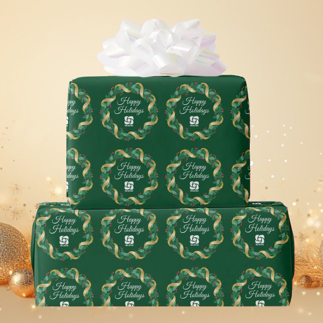 Papel De Presente Coroa de Natal Verde com Logotipo Empresarial Pers (Criador carregado)