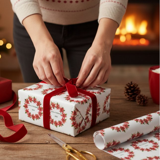Papel De Presente Coroa de Poinsettia "Feliz Natal 2025" (Criador carregado)