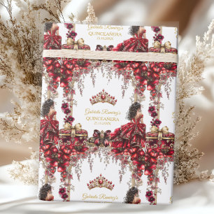Papel De Presente Coroa de Tiara Floral Vermelha Dourada Quinceañera