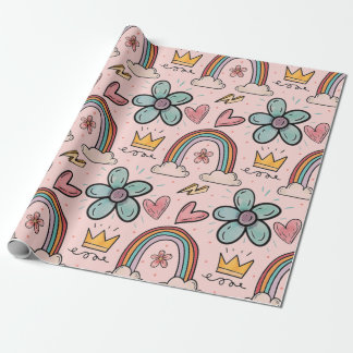 Papel De Presente Coroa Doodle, Arco-íris, Flores, Aquarelas de Pêss