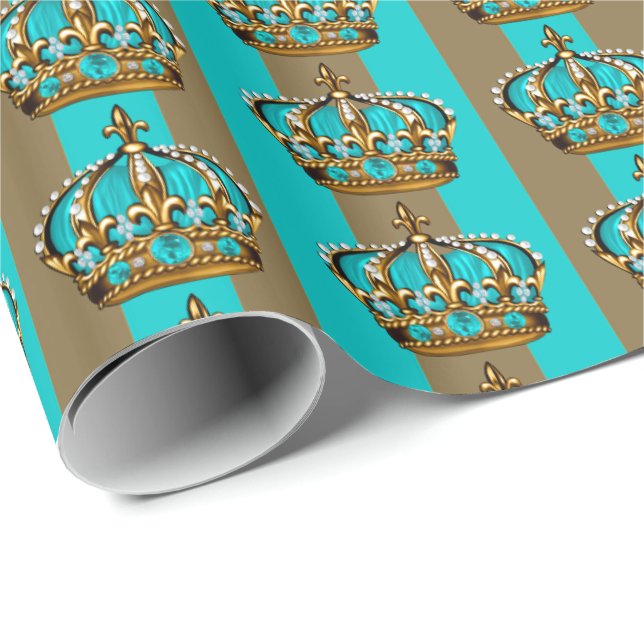 Papel De Presente Coroa Príncipe Dourado Azul Turquesa (Ponta do rolo)