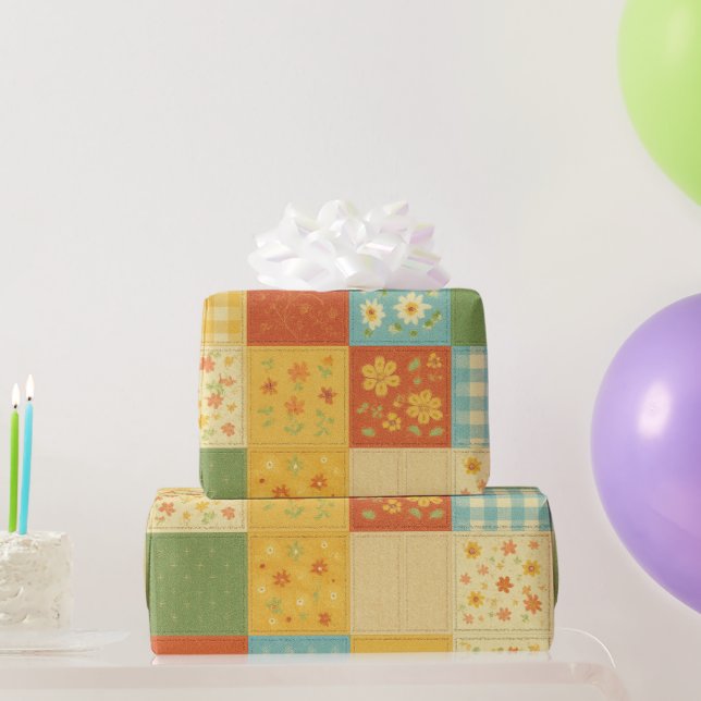 Papel De Presente Corpo Amarelo Quilt Rustic Farmhouse Floral (Presentes para festas)