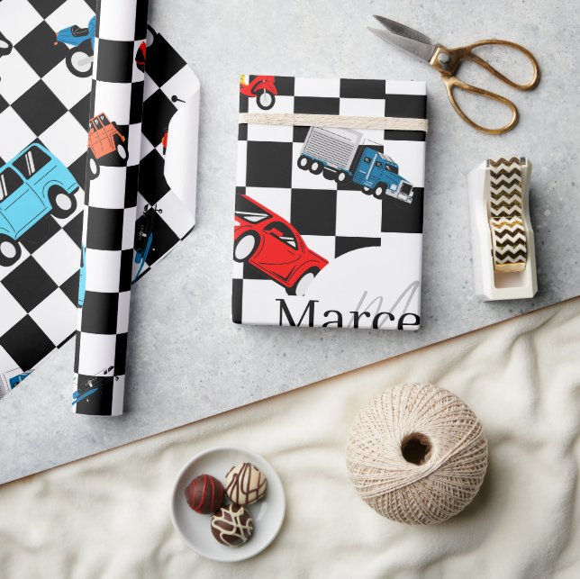 Papel De Presente Corrida Preto e Branco Padrão Moderno com Carros (Artesanato)