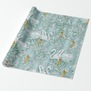 Papel De Presente Cortinas de seda verde-salva e flores flamingos