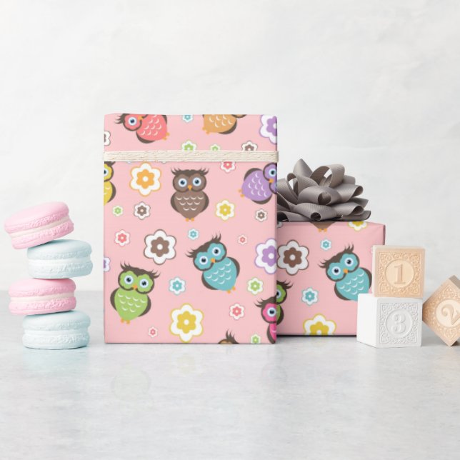 Papel De Presente Coruja Adorável e Design Floral (Chá de bebê)