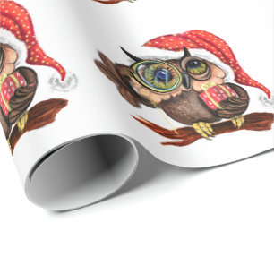 Papel De Presente Coruja-Bebê Bonita com Chapéu e Presente de Nata