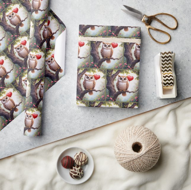Papel De Presente Coruja com Balão de Coração Vermelho (Artesanato)