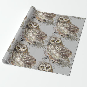 Papel De Presente Coruja de Aquarela Preta e Branca Pássaro Natureza