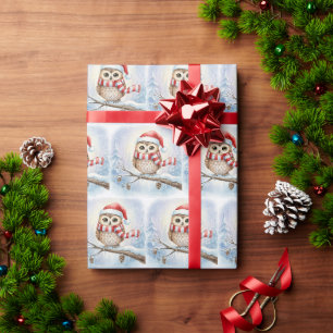 Papel De Presente Coruja de Natal em Aquarela com Chapéu de Papai No