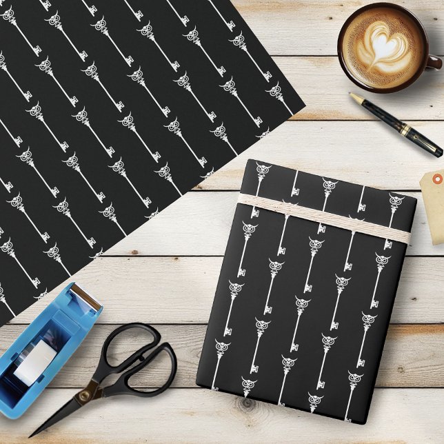 Papel De Presente Coruja Tribal Chave de Esqueleto Preto Branco Góti (Criador carregado)