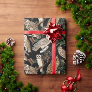 Papel De Presente Coruja-Vintage e Árvore-Pino