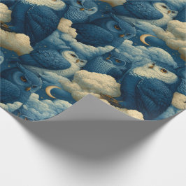 Papel De Presente Corujas Azuis e Nuvens da Noite Estrelada Berçário