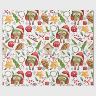 Papel De Presente Corujas de Natal em Aquarela Fofas