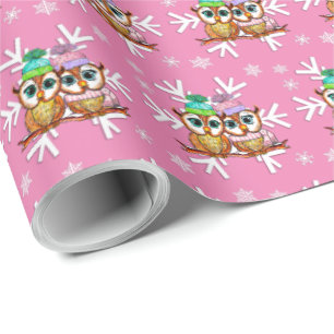 Papel De Presente Corujas e flocos de neve de Natal, de cor aquosa, 