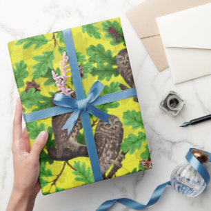 Papel De Presente Corujas na Floresta em amarelo limão