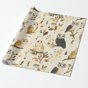 Papel De Presente Corujas Vintage & Padrão Botânico Floral (2)