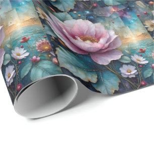 Papel De Presente Cosmos Rosa e Dourado Folhas Azul-esverdeado