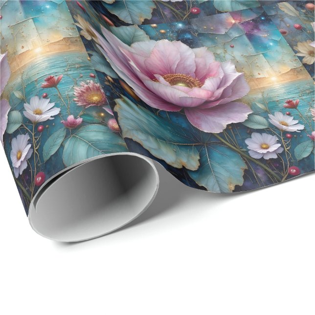 Papel De Presente Cosmos Rosa e Dourado Folhas Azul-esverdeado (Ponta do rolo)