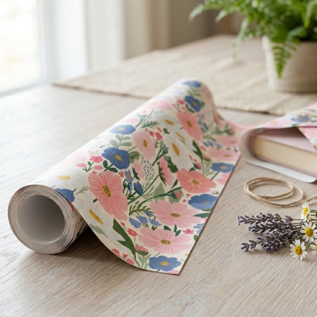 Papel De Presente Cosmos Rosa e Flores Silvestres Botânicas (Whimsical wildflower wrapping paper for a best friend's spring birthday gift.)