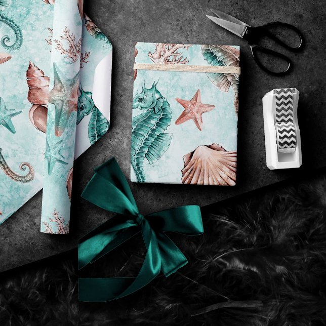 Papel De Presente Costeira Chic | Pastel de Araléia Teal e Coral (Criador carregado)