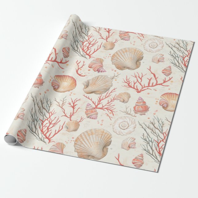 Papel De Presente Costeira russa - Conchas, Starfish, Recife (16) (Desenrolado)