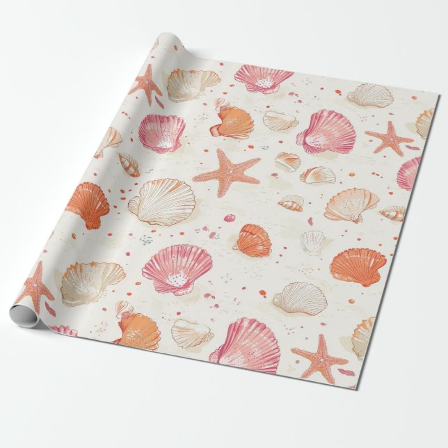 Papel De Presente Costeira russa - Conchas, Starfish, Recife (28) (Desenrolado)