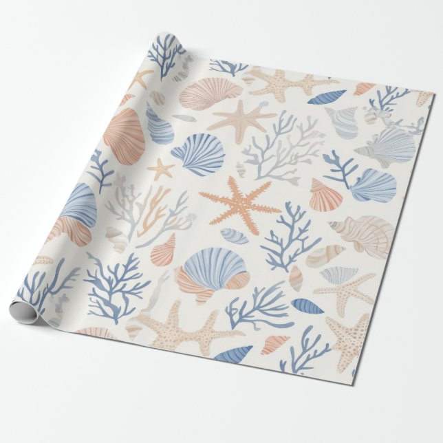 Papel De Presente Costeira russa - Conchas, Starfish, Recife (34) (Desenrolado)