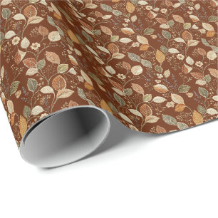 Papel De Presente Cottagecore Bordado Folha de Outono Marrom Ferruge