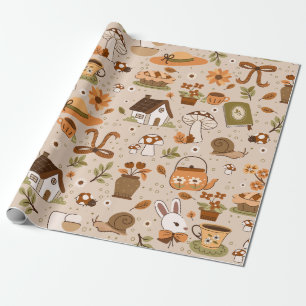 Papel De Presente cottagecore caracóis cogumelos chá bege rústico