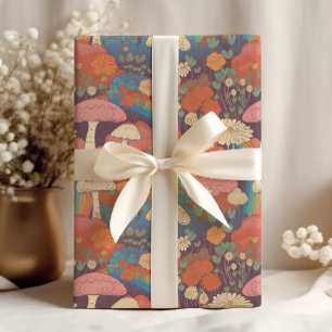 Papel De Presente Cottagecore de Cogumelos Laranja Marrom Retro
