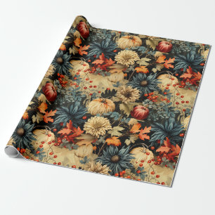 Papel De Presente Cottagecore Escuro Floral de Outono e Abóbora