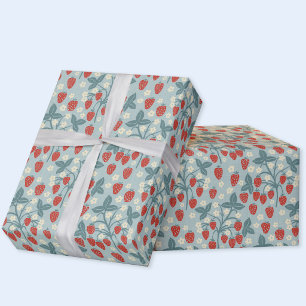Papel De Presente Cottagecore Floral Botânico de Morango Vintage